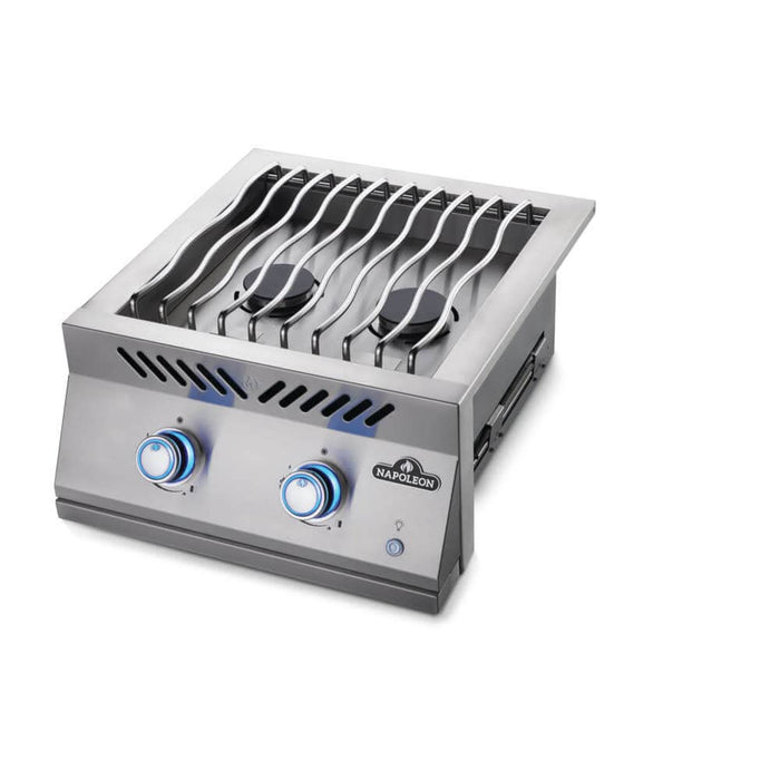 Stainless steel double burner with wavy grill grates, blue-lit control knobs, and side vents, designed for outdoor kitchens and grilling.