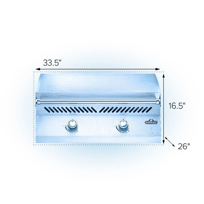 Diagram of a stainless steel outdoor griddle with a closed lid, vented design, dual knobs, and labeled dimensions: 33.5" x 26" x 16.5".