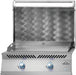 Stainless steel outdoor griddle with a raised lid, textured backsplash, dual blue-lit control knobs, and a vented design for cooking.