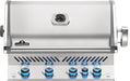 Built-in stainless steel gas grill with a closed lid, thermometer, vented design, and five blue-lit control knobs for precise cooking.