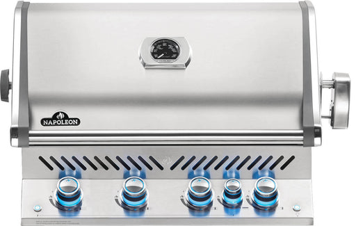 Built-in stainless steel gas grill with a closed lid, thermometer, vented design, and five blue-lit control knobs for precise cooking.