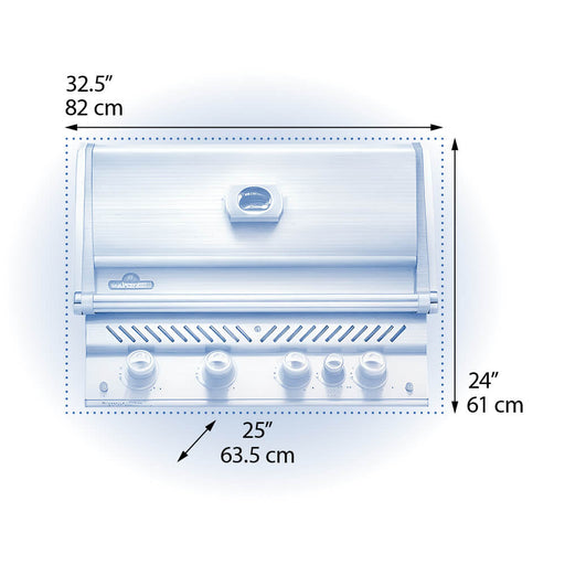 Diagram of a built-in stainless steel gas grill with closed lid, vented design, and labeled dimensions: 32.5" x 25" x 24" (82 cm x 63.5 cm x 61 cm).