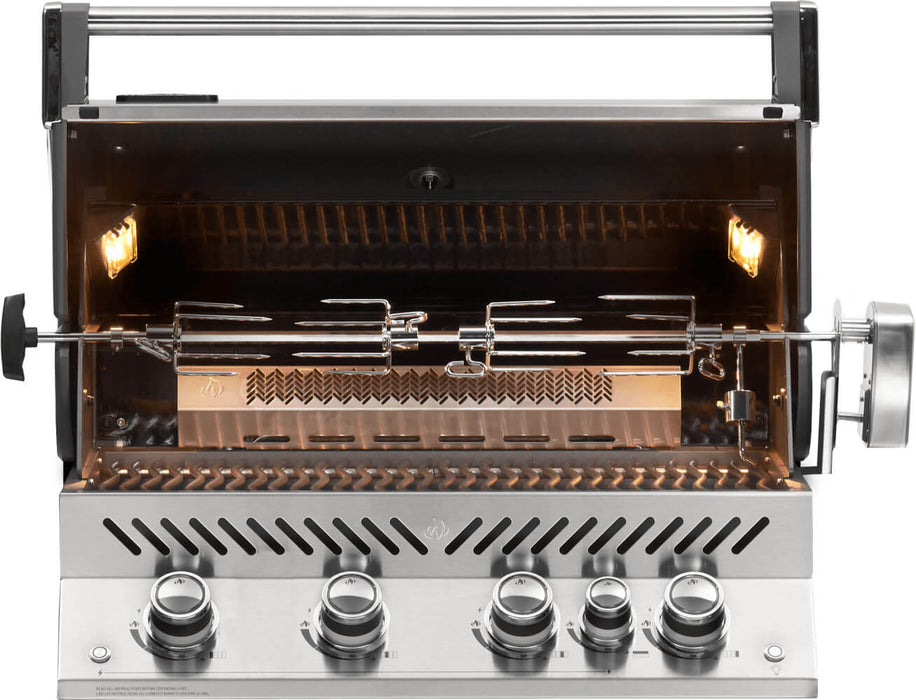 Built-in stainless steel gas grill with an open lid, interior lighting, rotisserie system, vented design, and five control knobs.