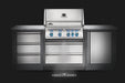 Stainless steel built-in gas grill with a closed lid, blue-lit knobs, flanked by matching storage drawers and cabinets in a sleek design.