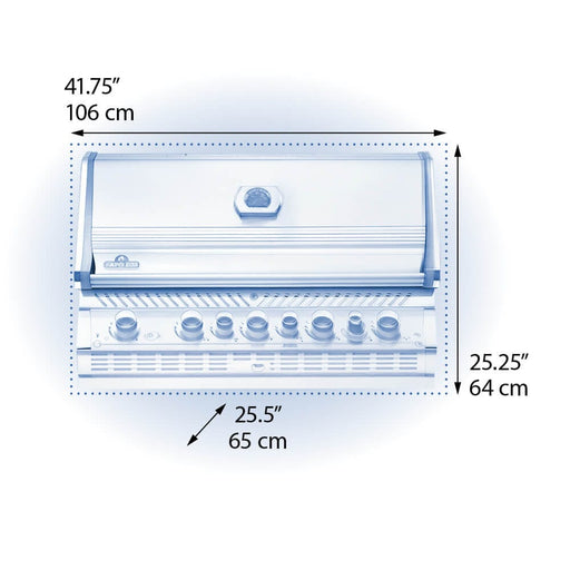 Diagram of a built-in stainless steel gas grill with a closed lid, vented design, and labeled dimensions: 41.75" x 25.5" x 25.25" (106 cm x 65 cm x 64 cm).