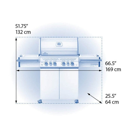 Dimensions of a stainless steel freestanding gas grill with detailed measurements: 51.75" height, 66.5" width, and 25.5" depth