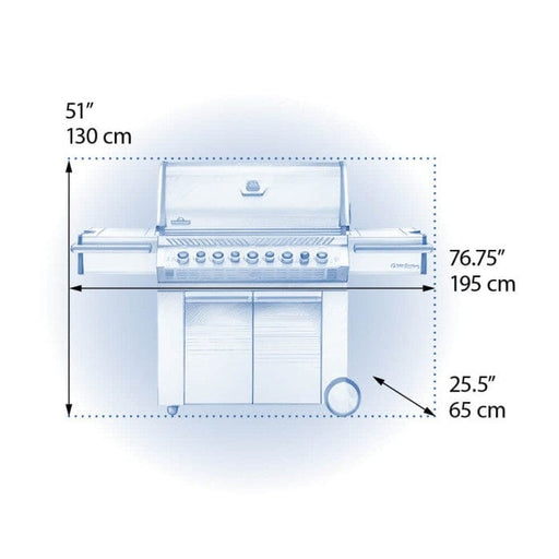 Diagram of a large stainless steel gas grill showing dimensions: 51 inches tall, 76.75 inches wide, and 25.5 inches deep, with labels