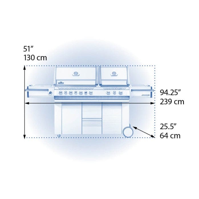 Illustration of a large outdoor grill with dual lids, labeled dimensions: 51" height, 94.25" width, 25.5" depth, shown in inches and cm