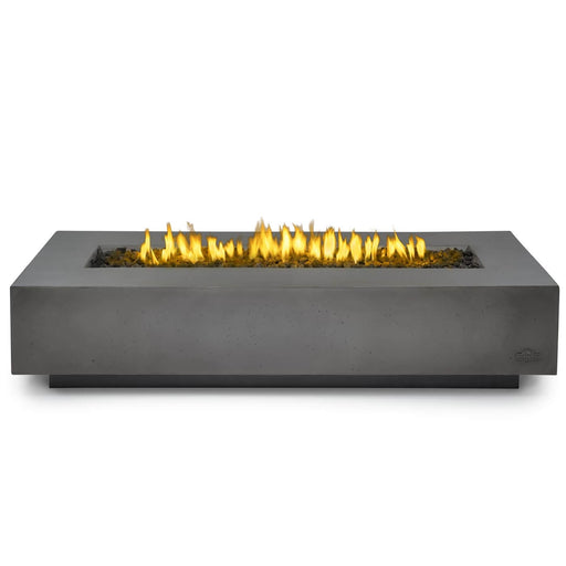 Rectangular concrete fire pit with a sleek design, featuring vibrant yellow flames and decorative black stones in the center.