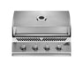 Stainless steel built-in gas grill with a closed lid, thermometer, vented design, and four control knobs for precise heat management.