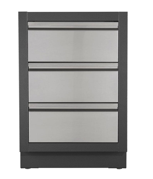 Stainless steel outdoor kitchen storage unit featuring three drawers in a sleek black frame, designed for organized storage.