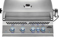 Stainless steel built-in gas grill with a closed hood, temperature gauge, and illuminated control knobs in a sleek design.