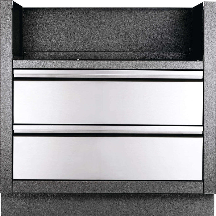 Outdoor kitchen cabinet with a black frame and two large stainless steel drawers, designed for storage beneath a grill or countertop.