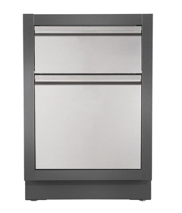 Outdoor kitchen cabinet with a black frame featuring one stainless steel drawer above a larger pull-out compartment for storage.