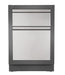 Outdoor kitchen cabinet with a black frame featuring one stainless steel drawer above a larger pull-out compartment for storage.