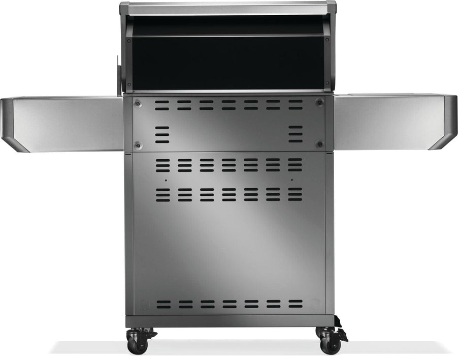 Rear view of a stainless steel freestanding grill with perforated ventilation panels, side shelves, and caster wheels for mobility.