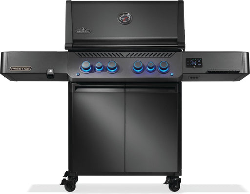 Black stainless steel grill with illuminated control knobs, dual doors, side burners, and an integrated digital display.