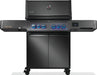 Black stainless steel grill with illuminated control knobs, dual doors, side burners, and an integrated digital display.