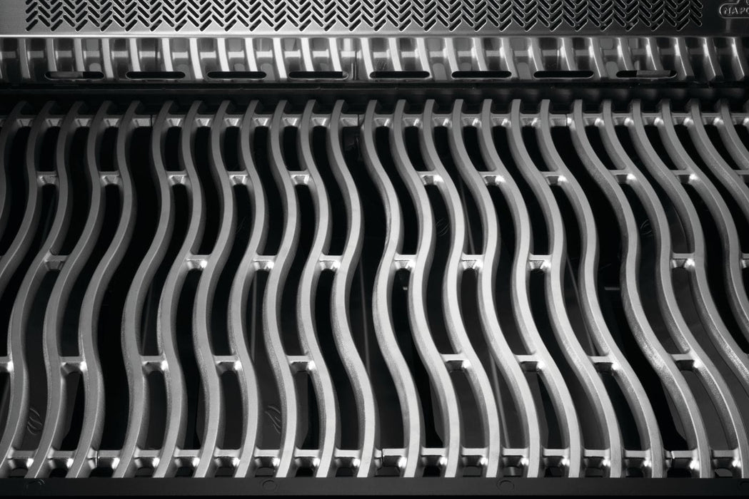 Close-up view of stainless steel wavy grill grates designed for even heat distribution and efficient cooking, with a sleek black base.