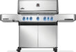 Stainless steel outdoor gas grill with a sleek design, illuminated control knobs, and double-door storage cabinet on caster wheels.