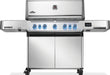 Stainless steel grill with illuminated blue control knobs, a digital display panel, dual cabinet doors, and a temperature gauge on top.