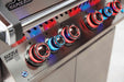 Close-up of illuminated control knobs on a stainless steel gas grill, featuring vibrant red and blue LED lights for style and functionality