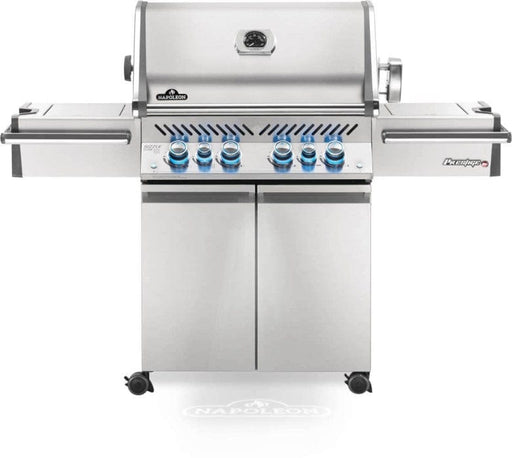 Stainless steel freestanding gas grill with six control knobs, infrared side and rear burners, large grilling surface, and closed hood design