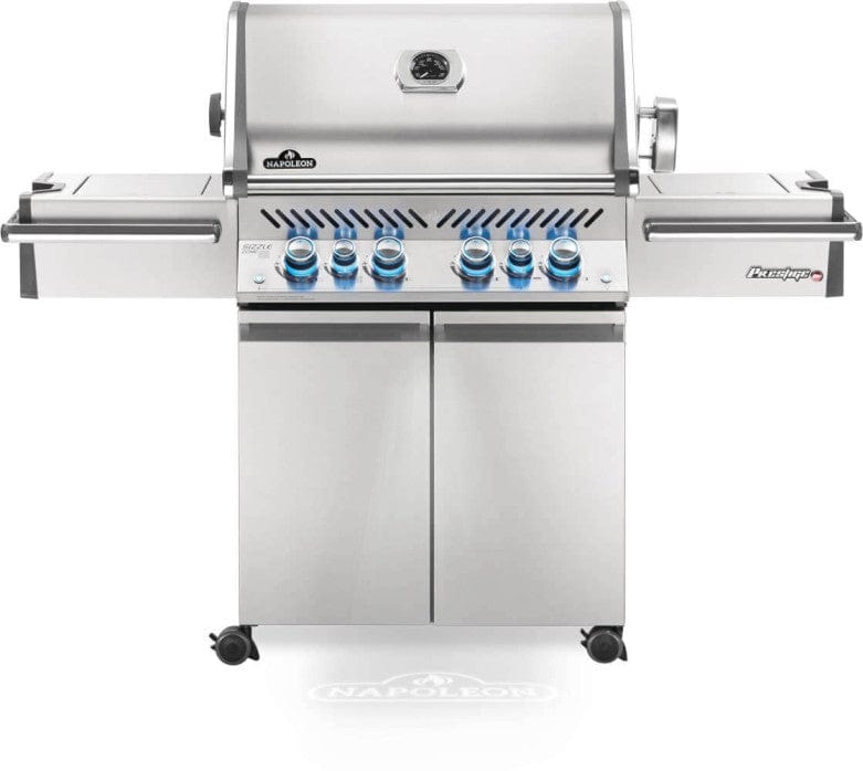 Stainless steel freestanding gas grill with six control knobs, infrared side and rear burners, large grilling surface, and closed hood design