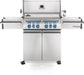 Stainless steel freestanding gas grill with six control knobs, infrared side and rear burners, large grilling surface, and closed hood design