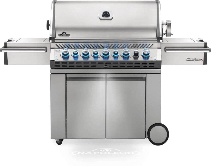 Premium outdoor stainless steel gas grill with side burners, blue LED control knobs, cabinet storage, and a sleek modern design