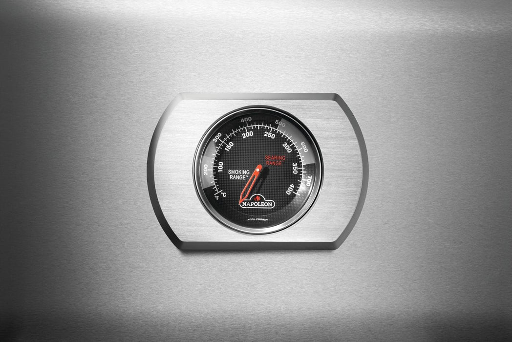 Close-up of a built-in temperature gauge with a stainless steel frame, displaying a temperature scale in Fahrenheit and Celsius.