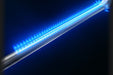 Close-up view of a stainless steel burner with bright blue flames evenly distributed along its surface in a dark background.