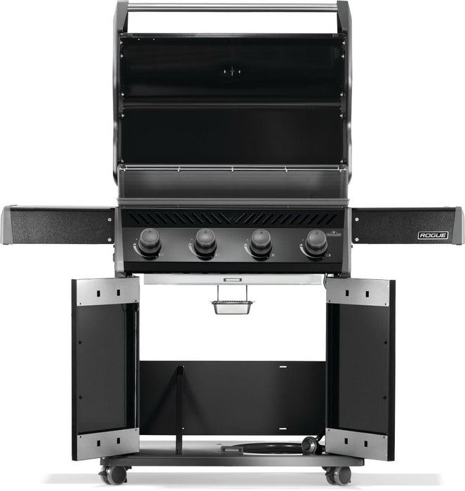 Open black grill with four control knobs, raised lid exposing the cooking area, foldable side shelves, and double-door storage below.