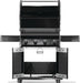 Open black grill with four control knobs, raised lid exposing the cooking area, foldable side shelves, and double-door storage below.