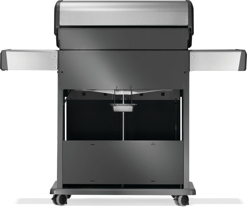 Rear view of a closed grill showing sturdy side shelves, cabinet storage with a concealed drip tray, and wheels for easy movement.