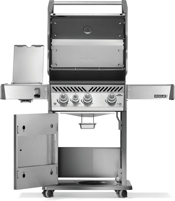 Open grill with four knobs, a side burner, an open cabinet, and stainless steel construction for durability and functionality.