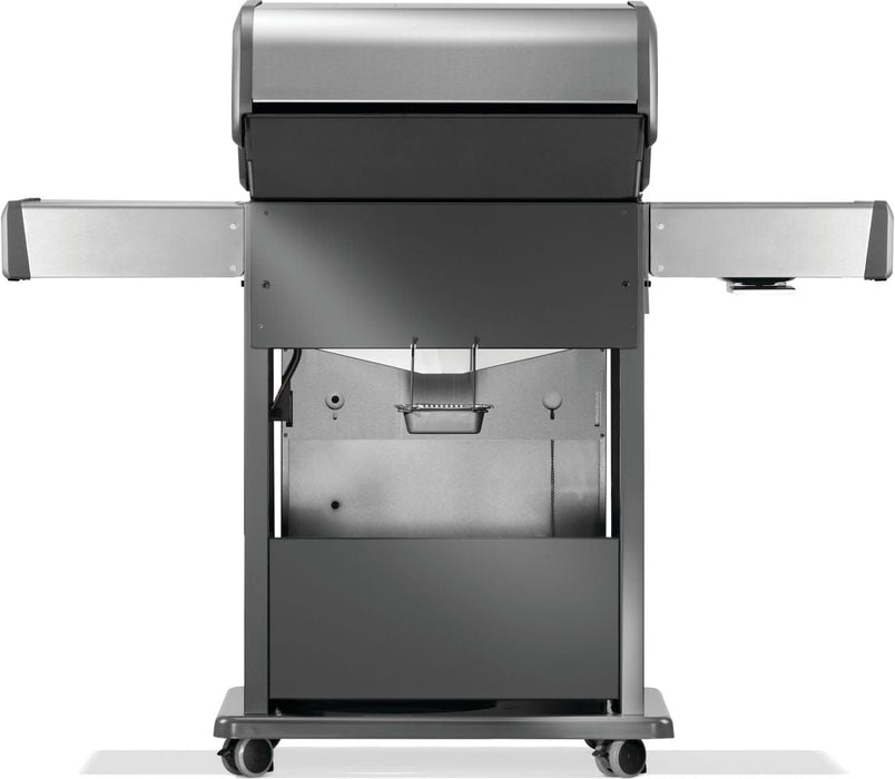 Rear view of a grill showing a closed hood, side shelves, an open storage area with a grease tray, and caster wheels for mobility.