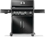 Front view of a grill with a black finish, dual cabinet doors, side shelves, control knobs, and a built-in temperature gauge.