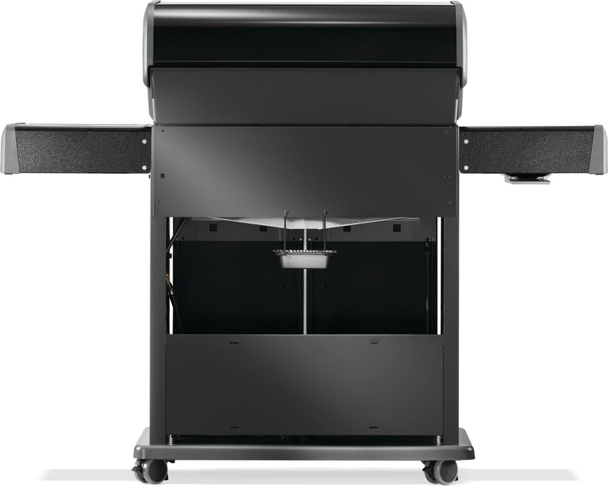 Rear view of a black grill with open cabinet space, two side shelves, and four caster wheels for mobility on the base.