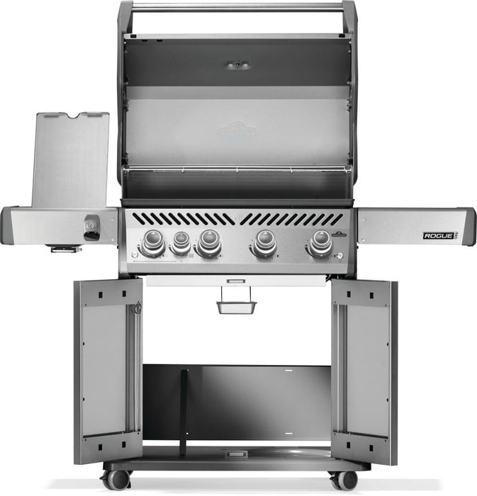 Open grill with stainless steel cooking area, exposed storage cabinet with open doors, side burner, and caster wheels on the base