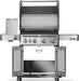 Open grill with stainless steel cooking area, exposed storage cabinet with open doors, side burner, and caster wheels on the base