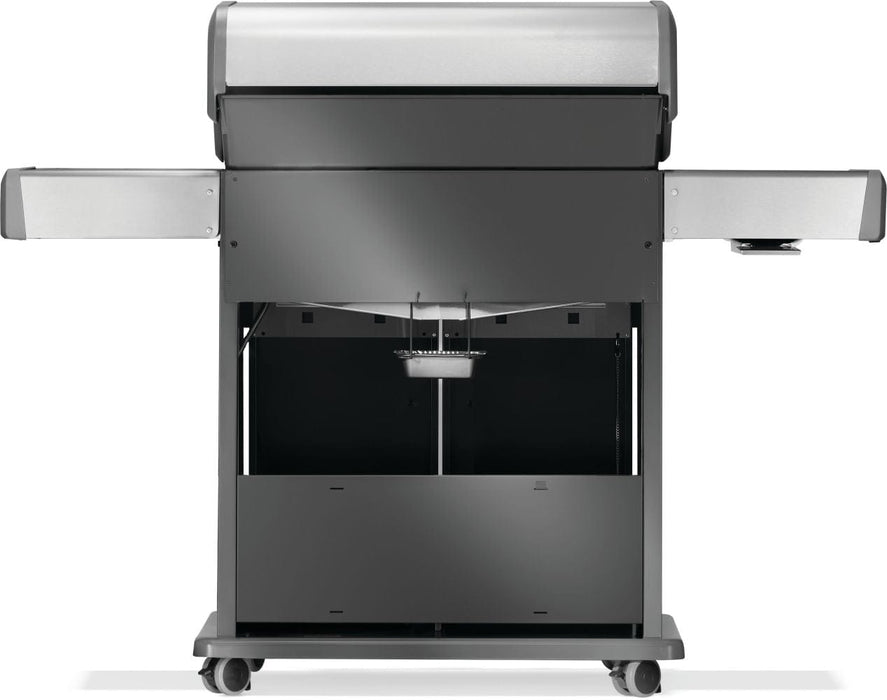 Rear view of a grill with two side shelves, enclosed cabinet storage, and caster wheels for mobility, shown in a neutral setting.