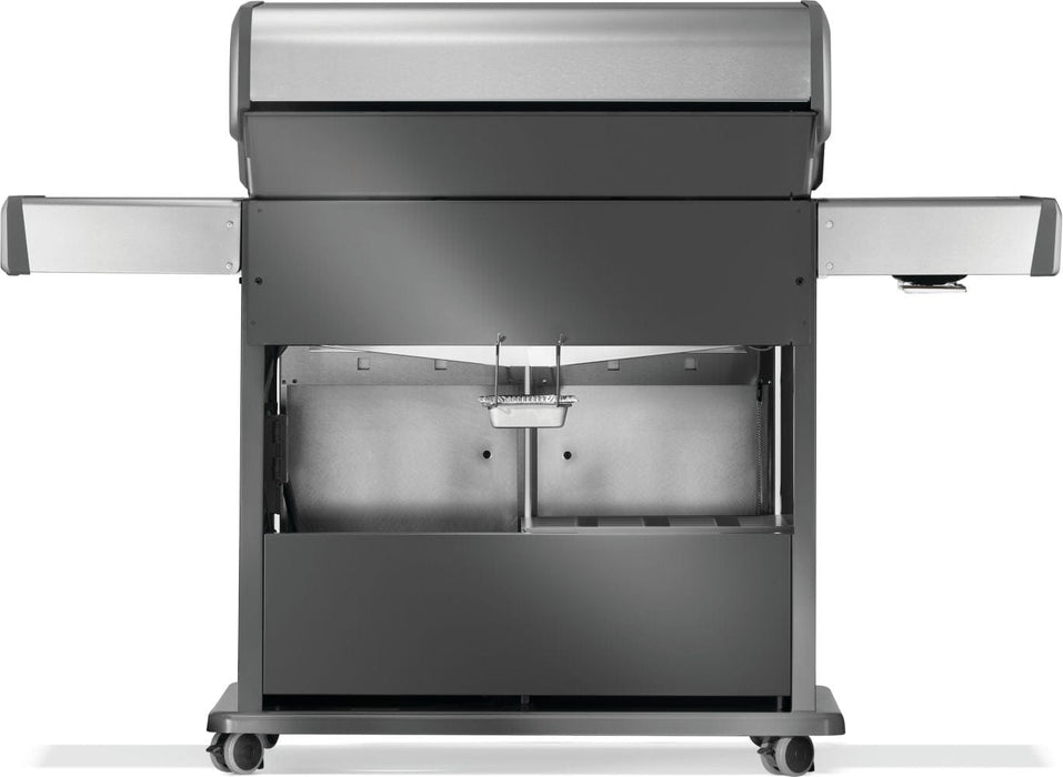 Rear view of a grill with stainless steel, open lower cabinet showing interior structure, and caster wheels.