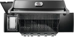 Top view of a grill with black lid, thermometer, wavy cooking grates, open side compartment, and knobs at the front.