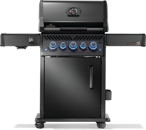 Black freestanding grill with illuminated blue control knobs, side shelves, and a storage cabinet, designed for outdoor cooking convenience.