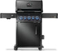 Black freestanding grill with illuminated blue control knobs, side shelves, and a storage cabinet, designed for outdoor cooking convenience.