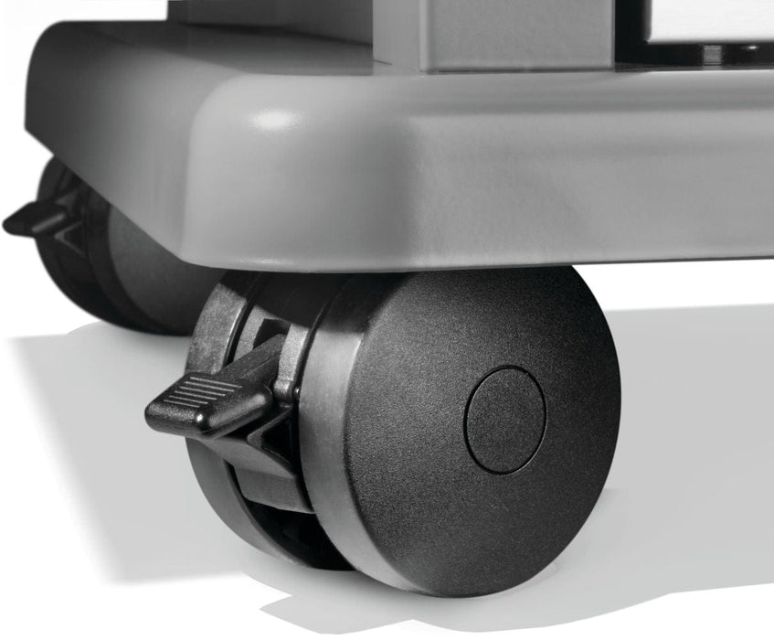 Close-up of heavy-duty caster wheels with a locking mechanism, attached to the base of an outdoor appliance for mobility.