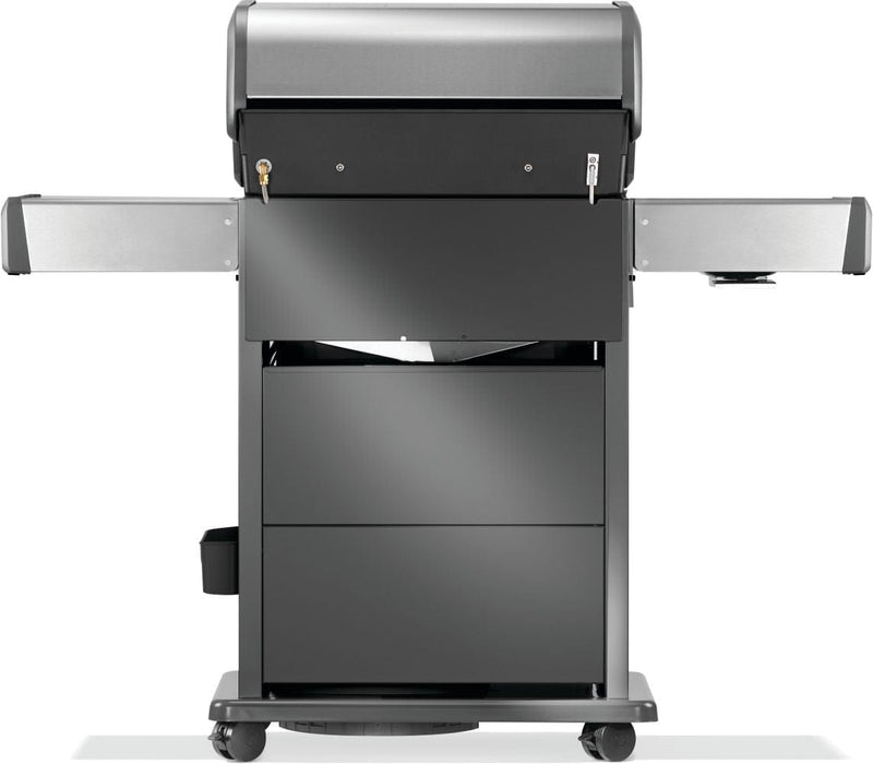 Rear view of a freestanding stainless steel grill with side shelves, storage cabinet, and caster wheels for mobility.