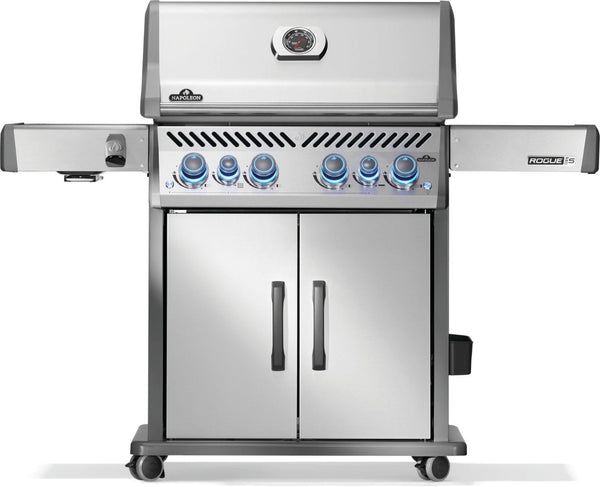 Stainless steel grill with illuminated control knobs, dual doors at the base, and foldable side shelves on a wheeled base.