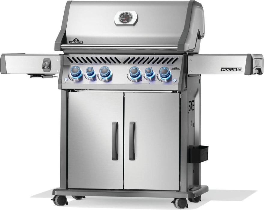 Stainless steel grill with illuminated blue control knobs, double-door storage compartment, side shelves, and built-in thermometer.